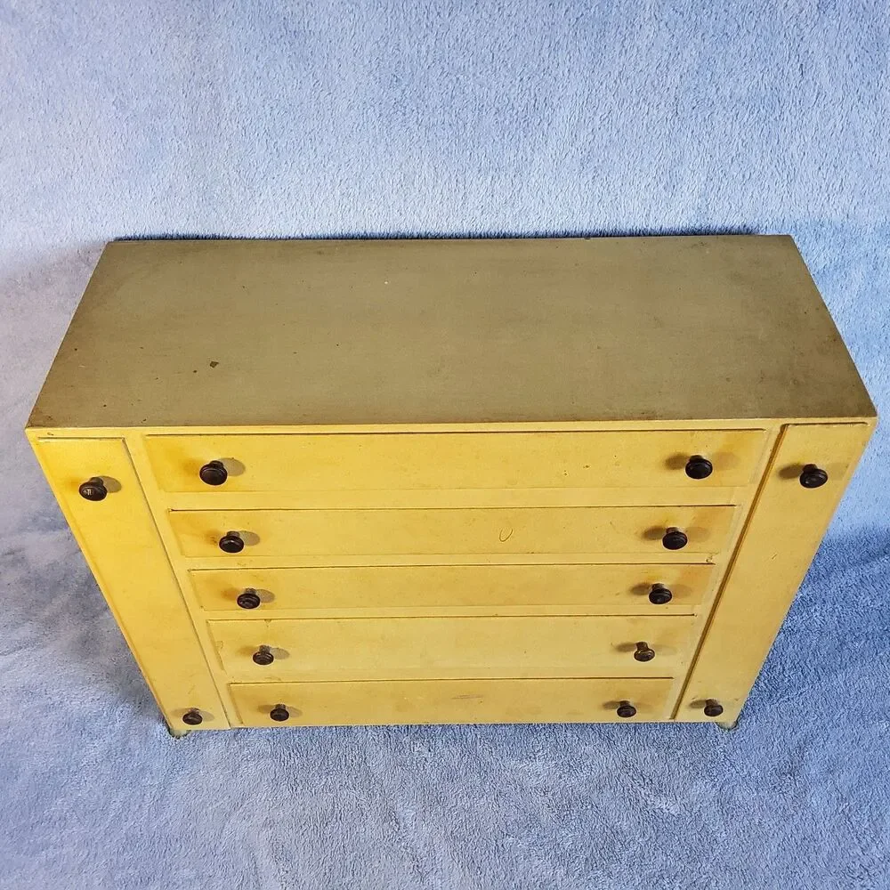 Vintage Wooden Yellow Dresser Jewelry Box 5 Drawer 2 Side Necklace Pull Out Door